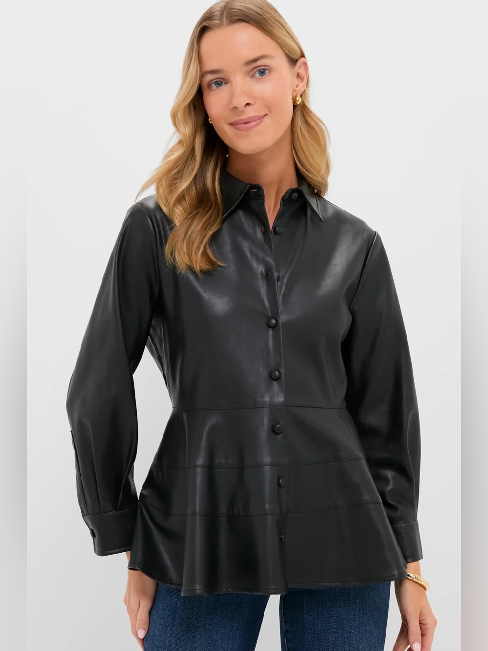 Pomander Place Faux Leather Peplum Button-Front Jacket - Black